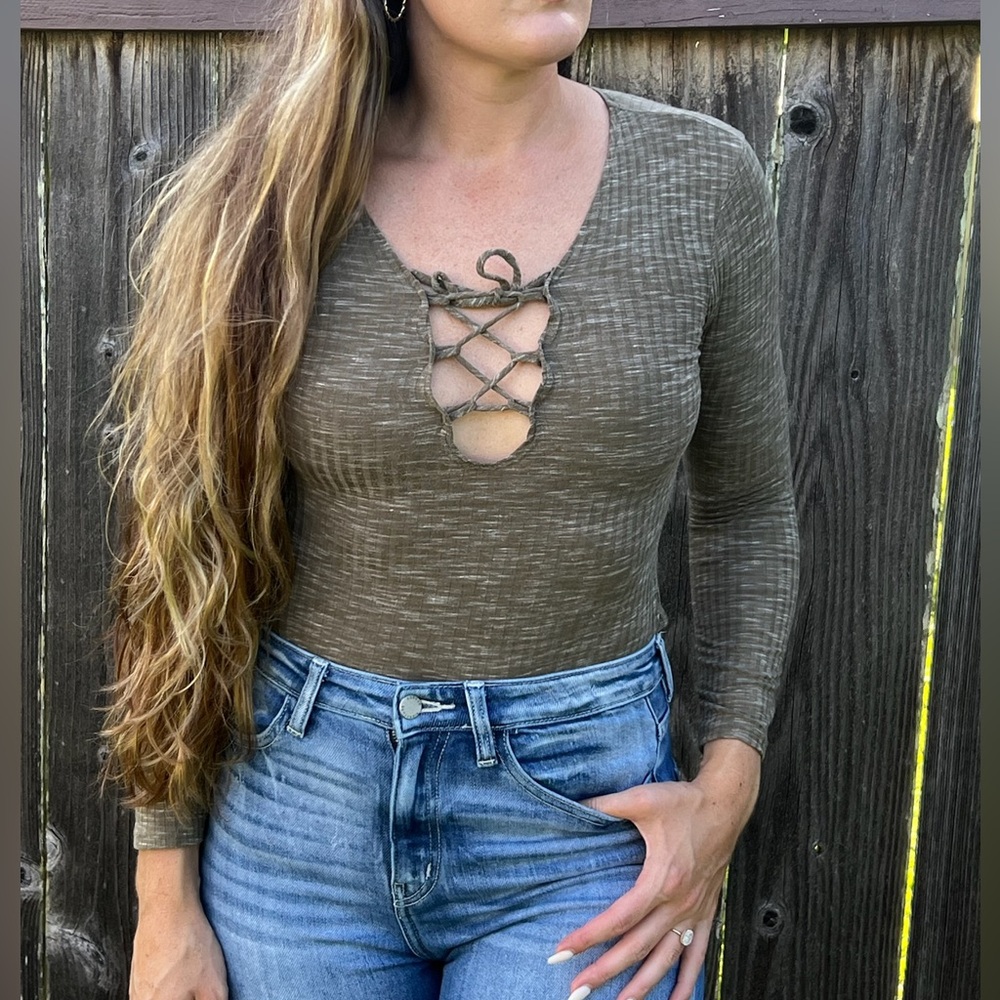 Charlotte Russe ribbed lace up bodysuit, marbled green